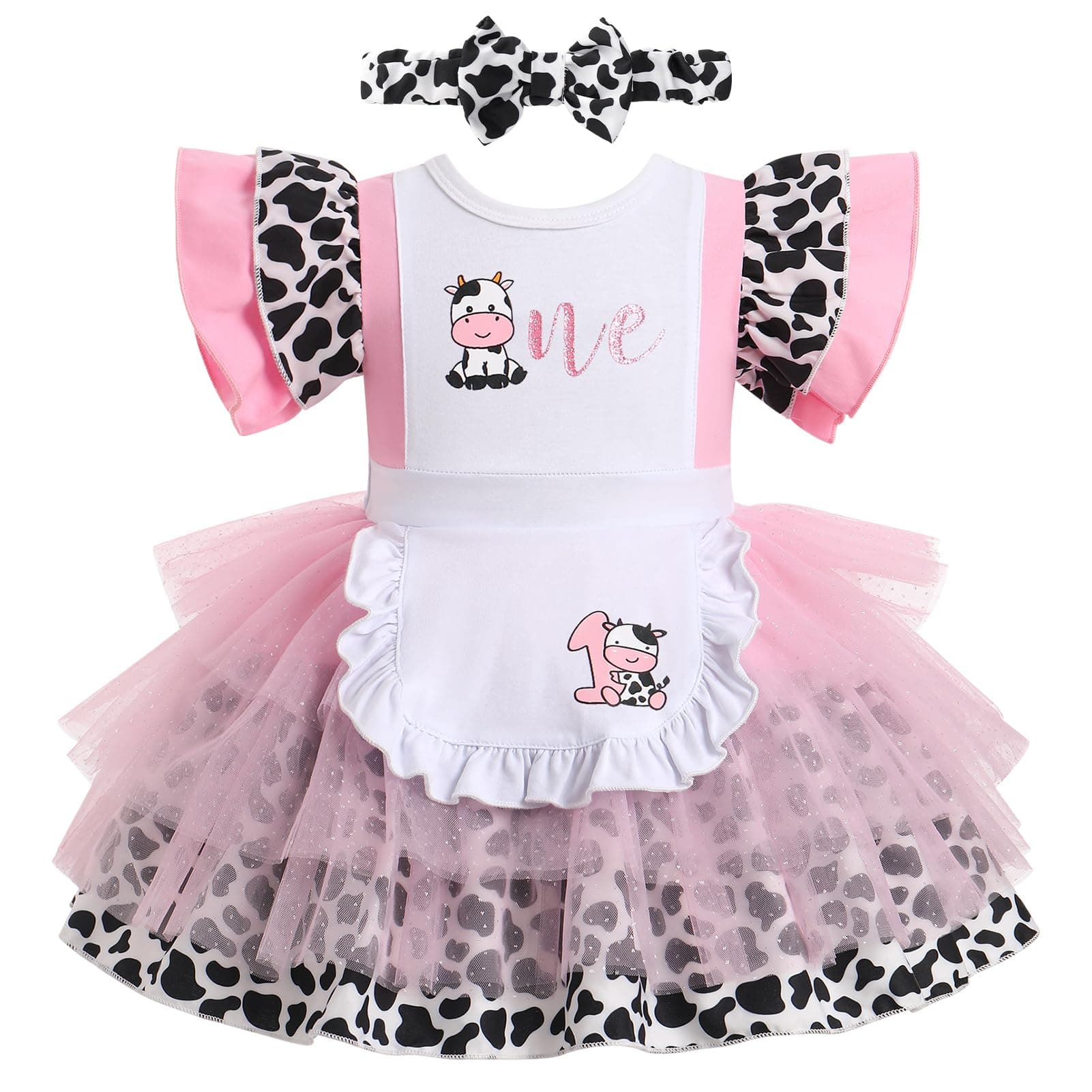 IMEKIS Baby Girl 1st Birthday Dress with Headband and Cow Ruffle Sleeve