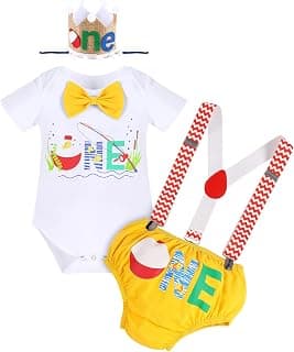 Baby Boys Fishing 1st Birthday Outfit Cake Smash Bowtie Romper + Shorts + Suspenders + Hat Clothes Set for Photo Shoot