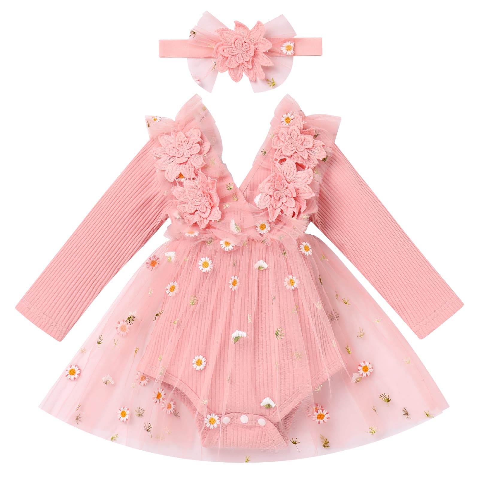 Newborn Baby Girl 1st Birthday Outfit - Long Sleeve Romper Dress