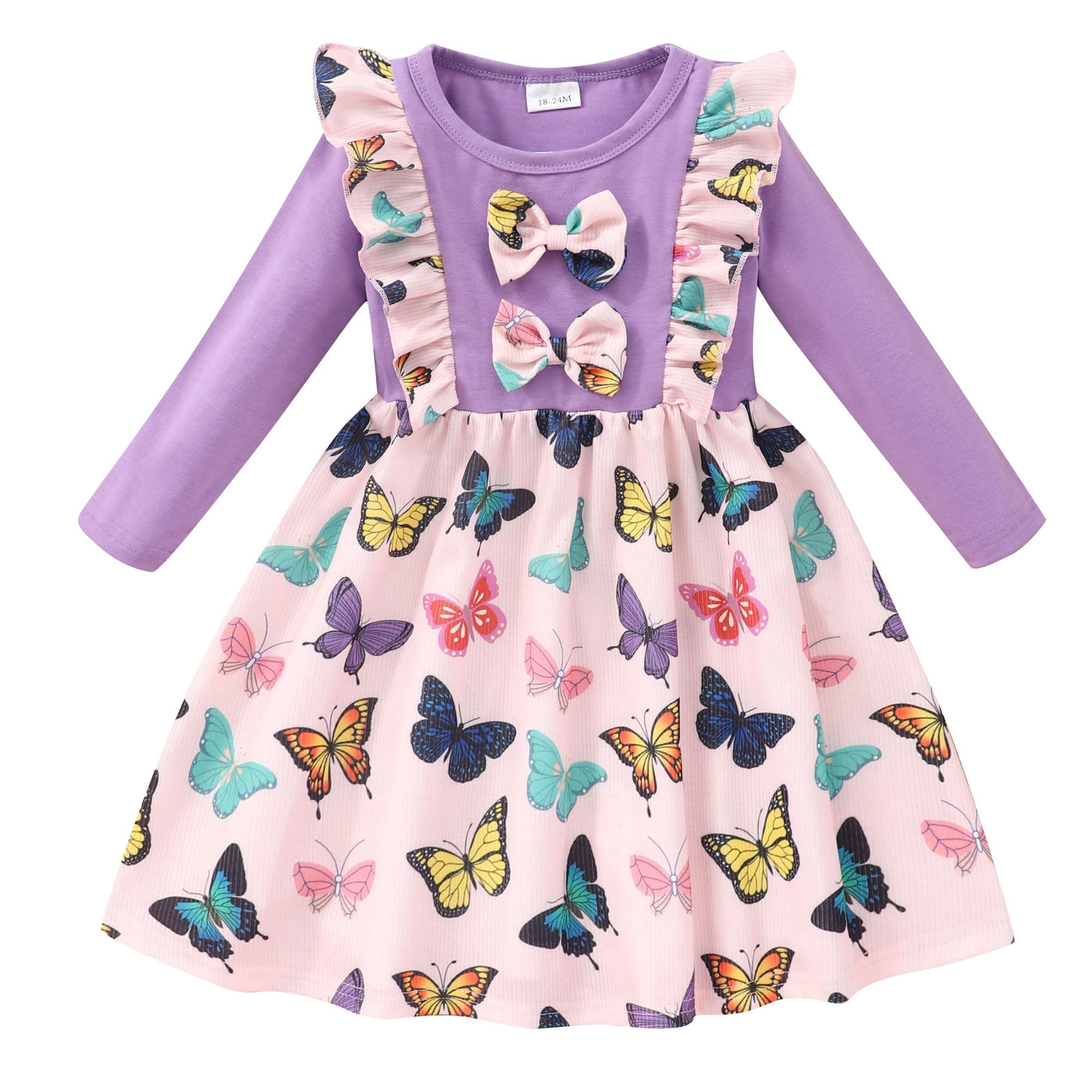 Retsugo Girls' Long Sleeve A-line Print Dress with Bowknot
