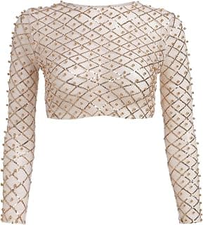 Sparkle Sequins Beads Sheer Mesh Crop Top Rave Outfit for Women Sexy Long Sleeve Pearls Fishnet Cover-up